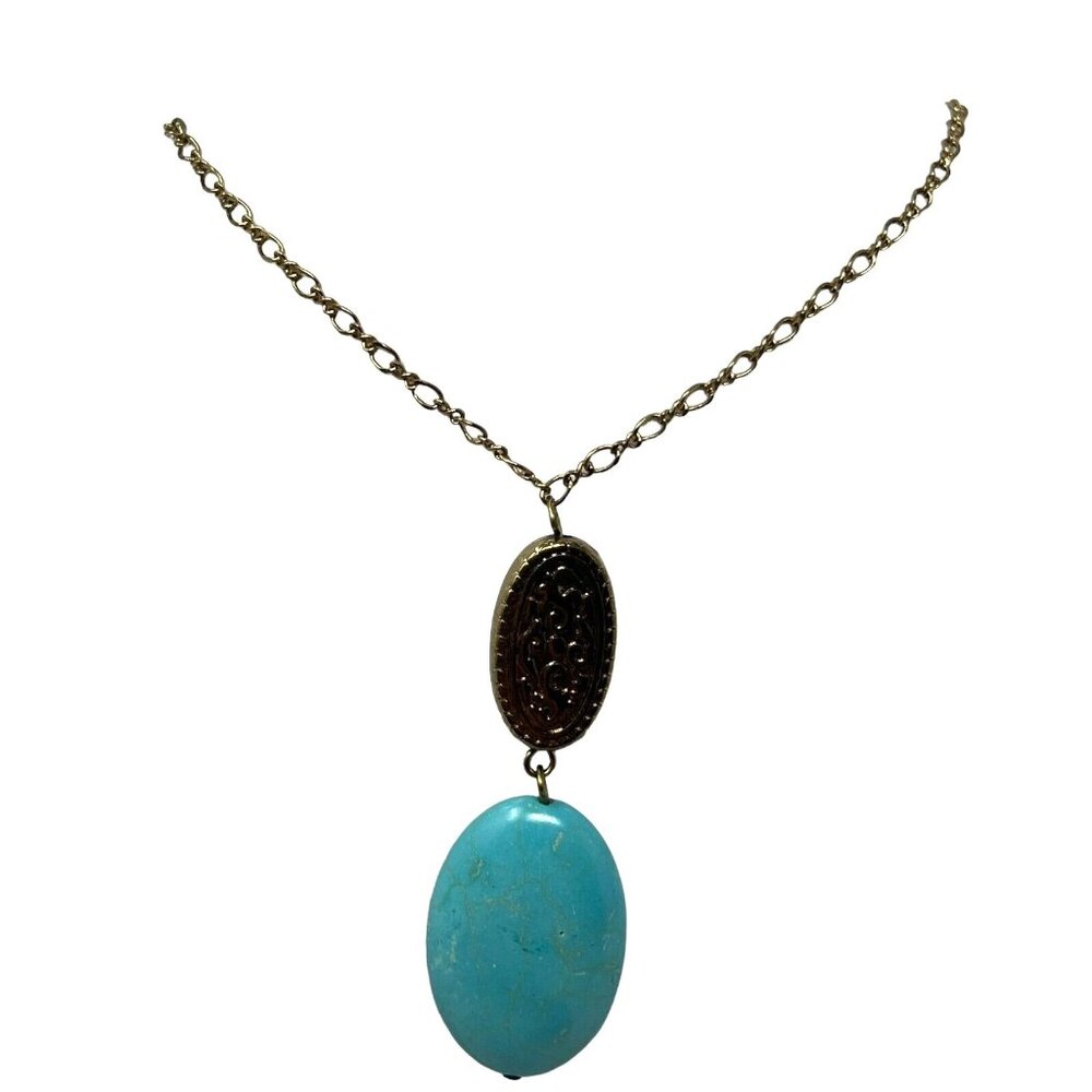 Gold Tone Necklace Teal Blue Faux Turquoise Stone‎ Gold Bead